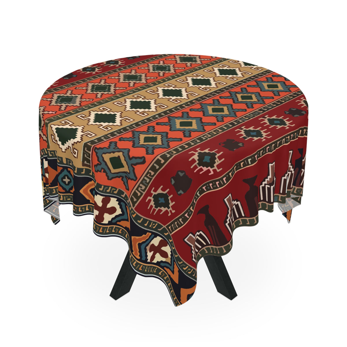 Deep red Armenian rug tablecloth on a round table