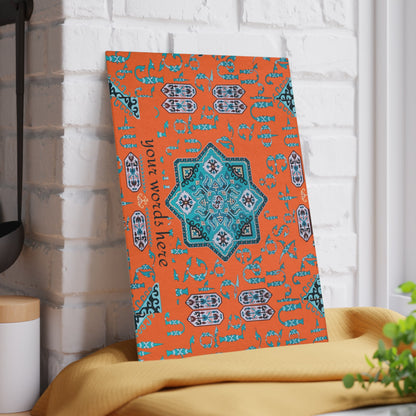 Orange and turquoise Armenian cutting board on a kitchen surface with herbs and stones nearby