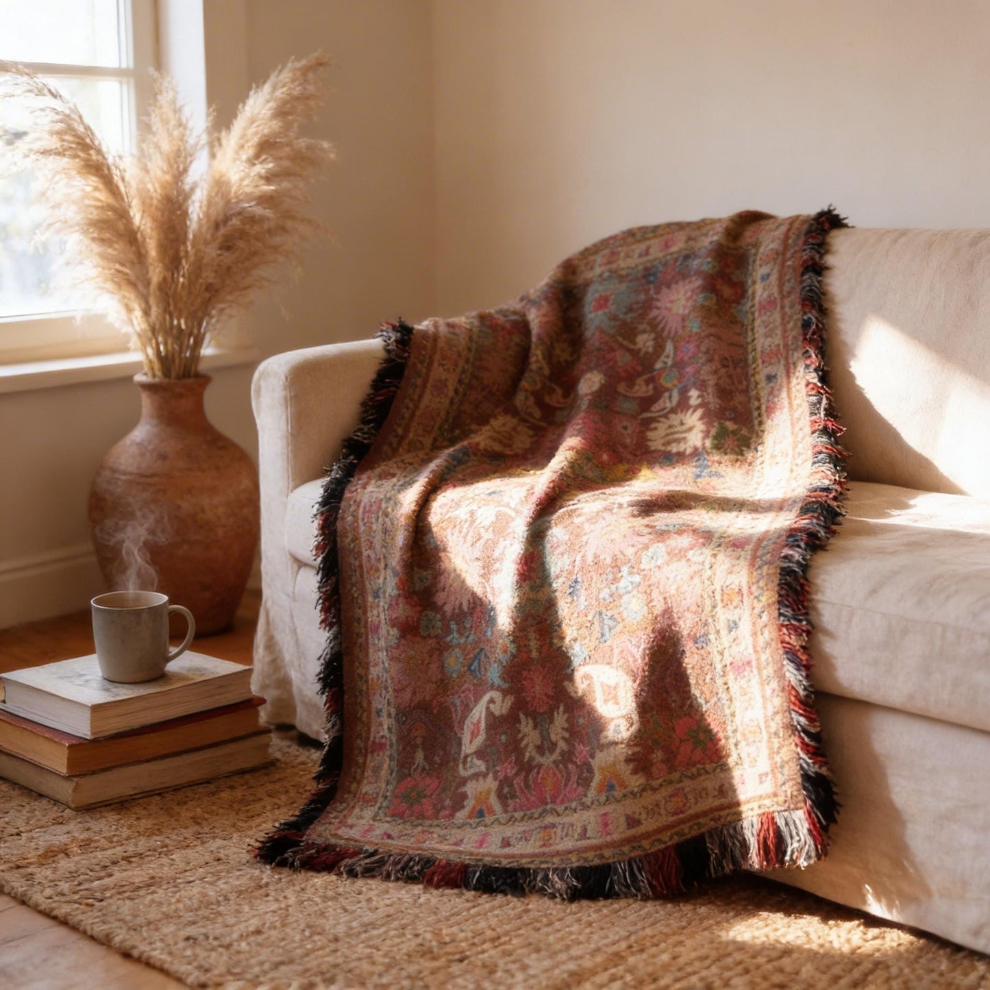 Caucasian Rug Inspired woven blanket with geometric pattern styled for layered home decor