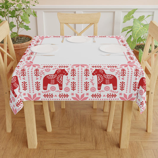 Scandi Dala Horse Tablecloth - Nordic Holiday Table Cover | Cozy Winter Dining Accent