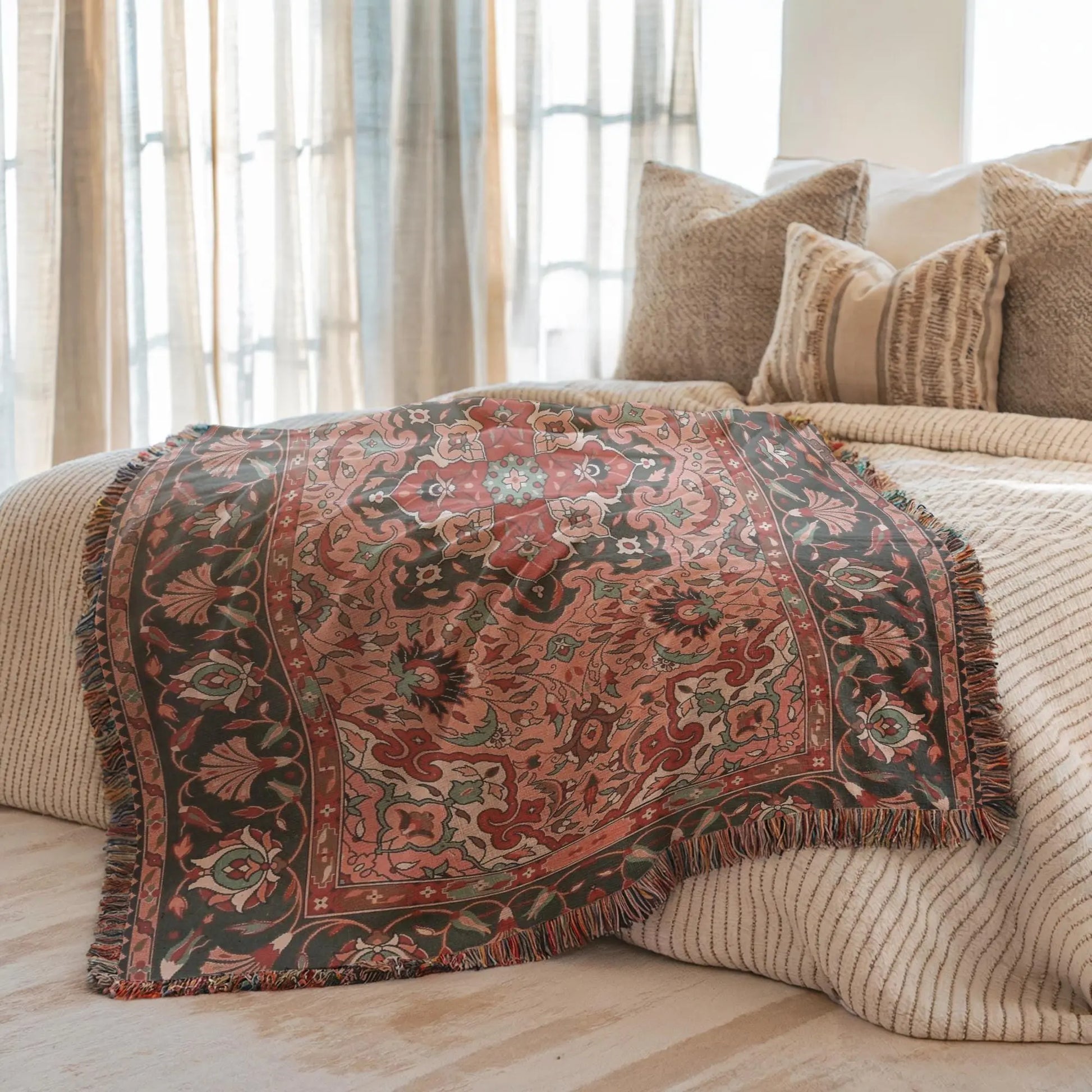 Turkish Throw Blanket – Anatolian Carpet Boho Chic Cotton Woven Throw for Warm Living Room Decor