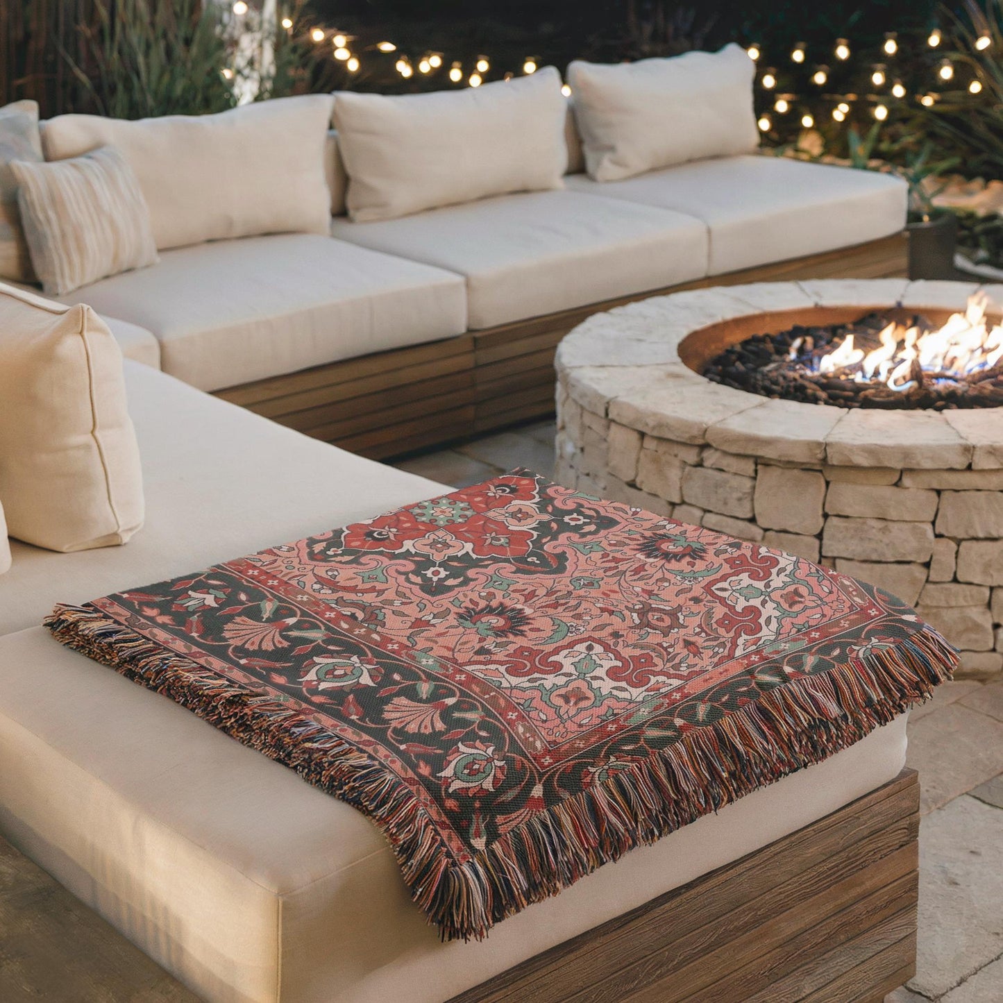 Anatolian Inspired woven wall tapestry with rug-style pattern styled as textile wall decor