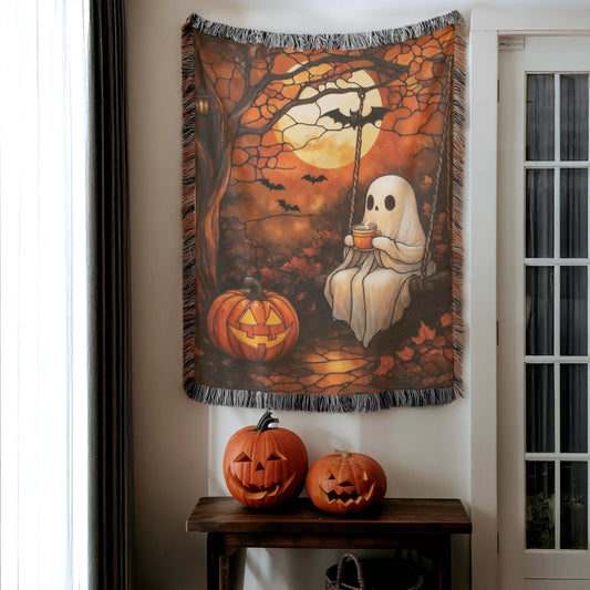 Halloween Throw Blanket - Cozy Woven Cotton Fabric Lap Blanket With Pumpkin Moon Design