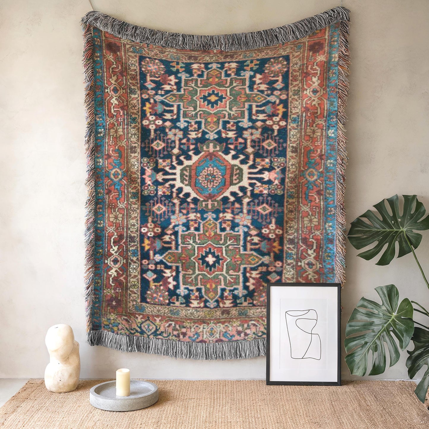 Anatolian Inspired woven wall tapestry with rug-style pattern styled as textile wall decor