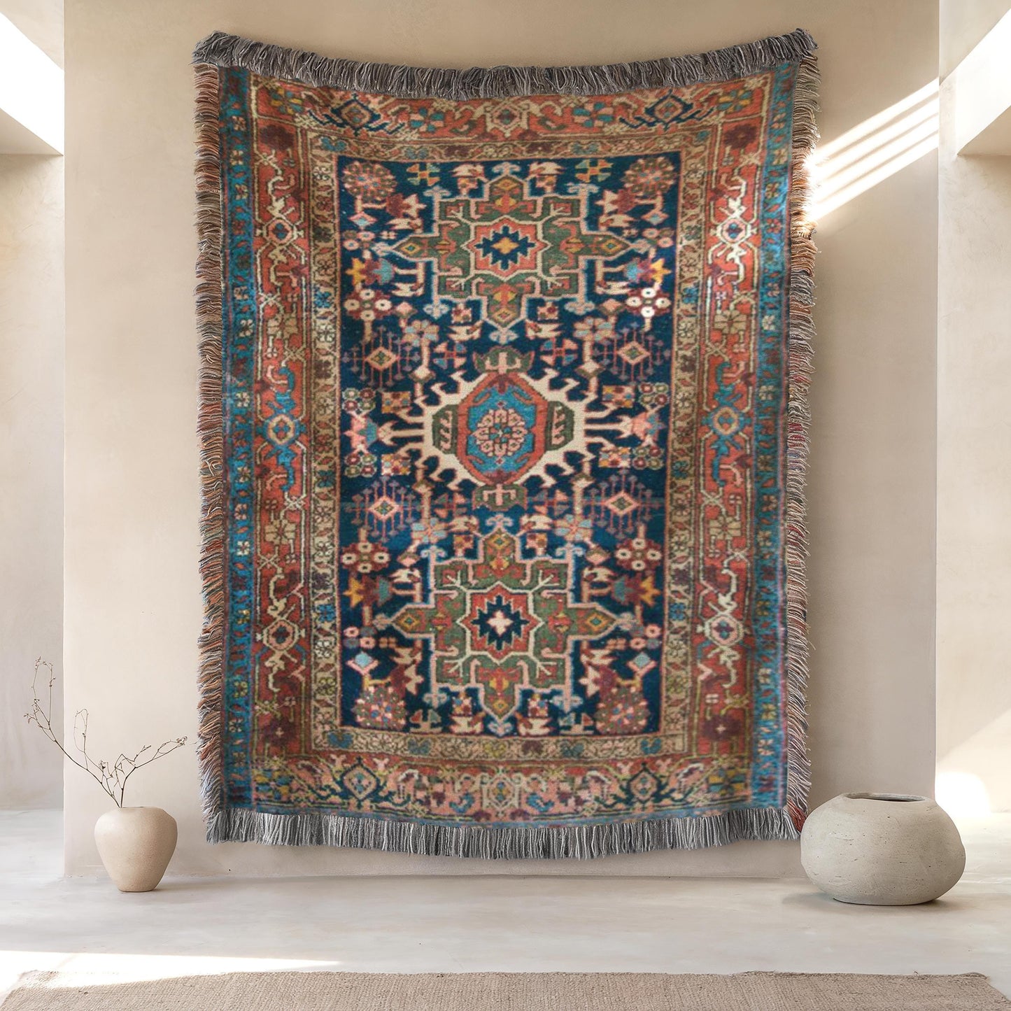 Anatolian Inspired woven wall tapestry with rug-style pattern styled as textile wall decor