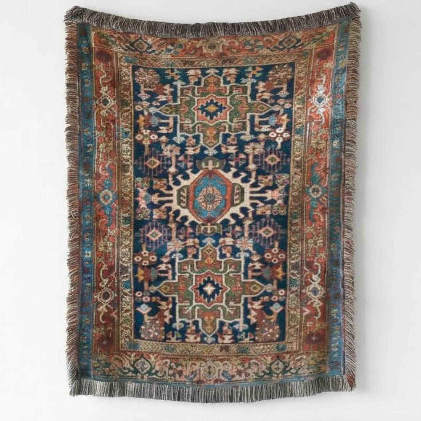 Anatolian Inspired woven blanket with rug-style pattern styled for layered home decor