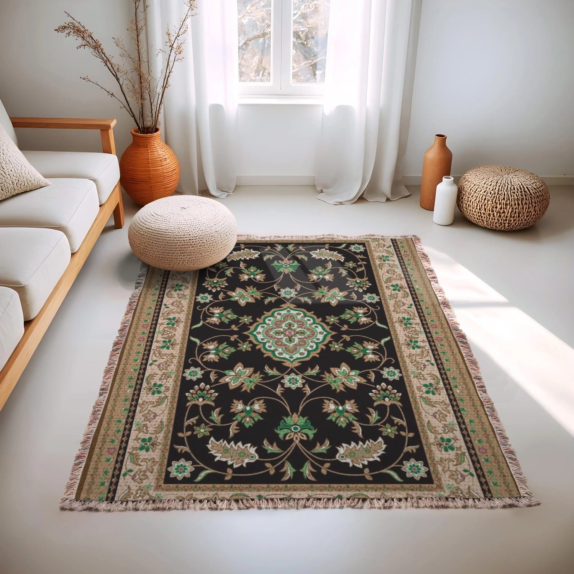 Middle East Woven Blanket – Cozy Kilim Cotton Throw with Fringed Edges