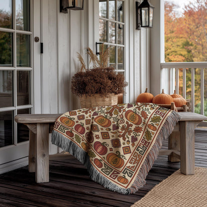 Armenian Ghapama woven blanket on a wooden porch bench beside a woven basket