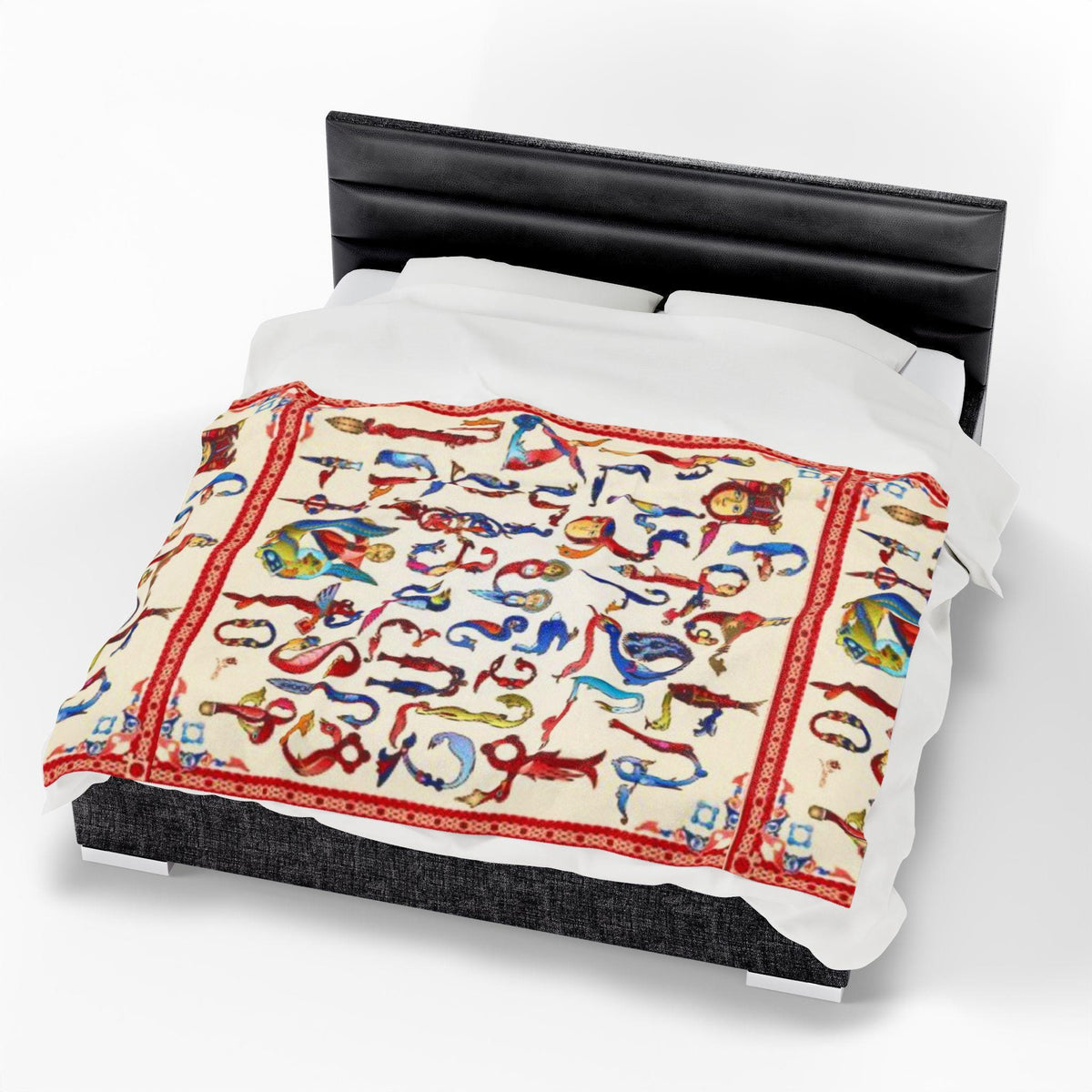 Armenian alphabet plush blanket with bird and animal letters on cream, patterned red border