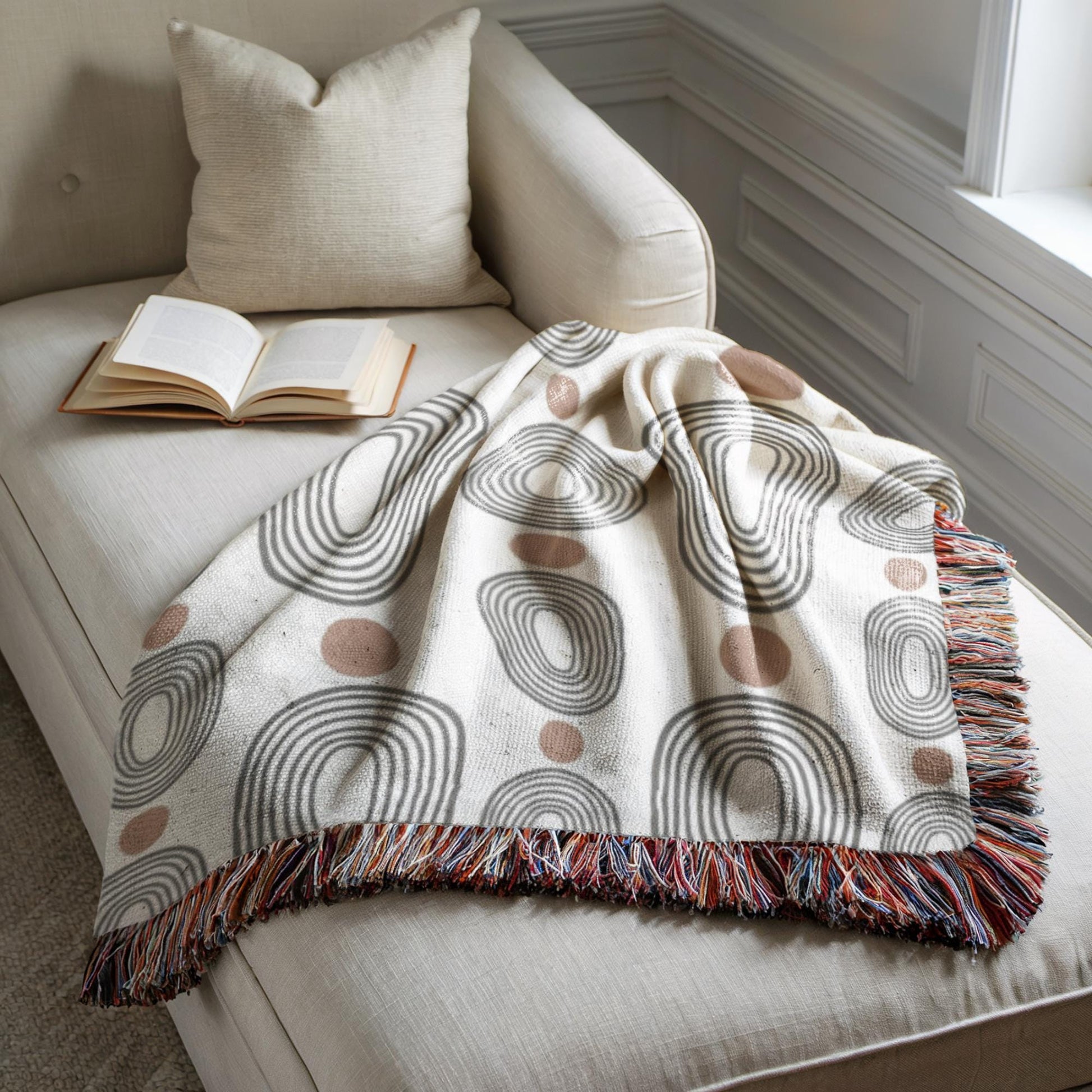 Modern Woven Blanket – Black Ovals Rust Dots | Mid Century Tapestry Throw