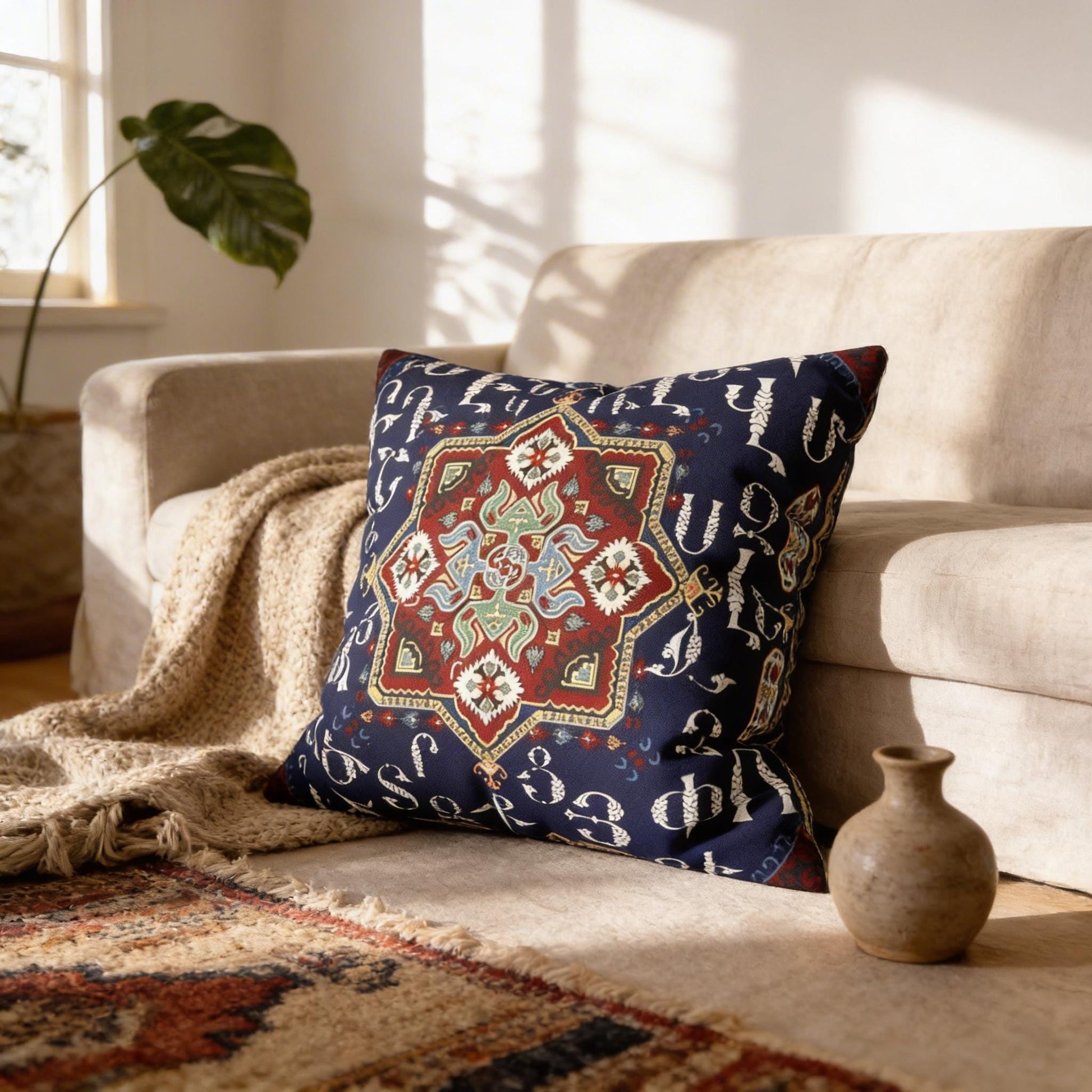 a cozy living room with a beige sofa, a decorative pillow with a vibrant geometric pattern, a beige blanket, and a small vase on a rug.