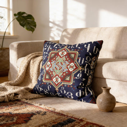 a cozy living room with a beige sofa, a decorative pillow with a vibrant geometric pattern, a beige blanket, and a small vase on a rug.