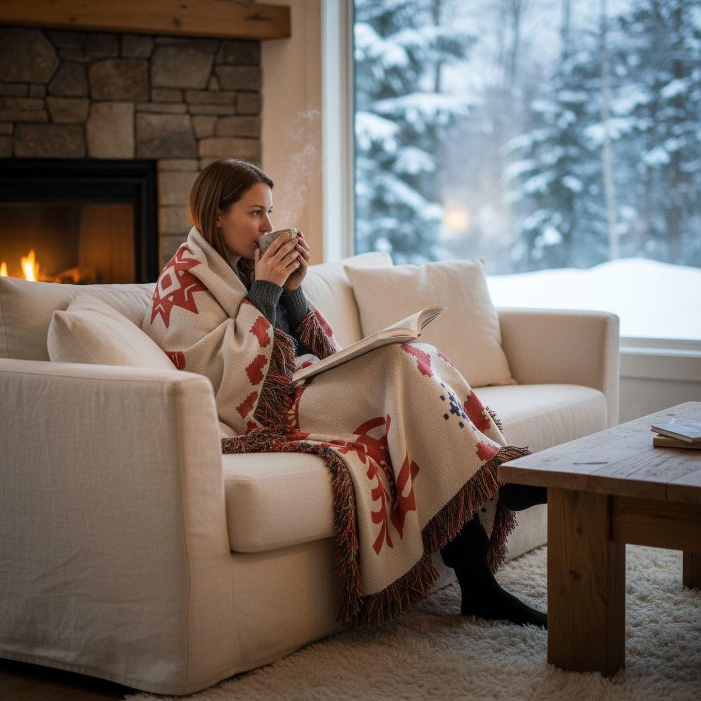 Scandinavian Inspired woven blanket with rug-style pattern styled for layered home decor