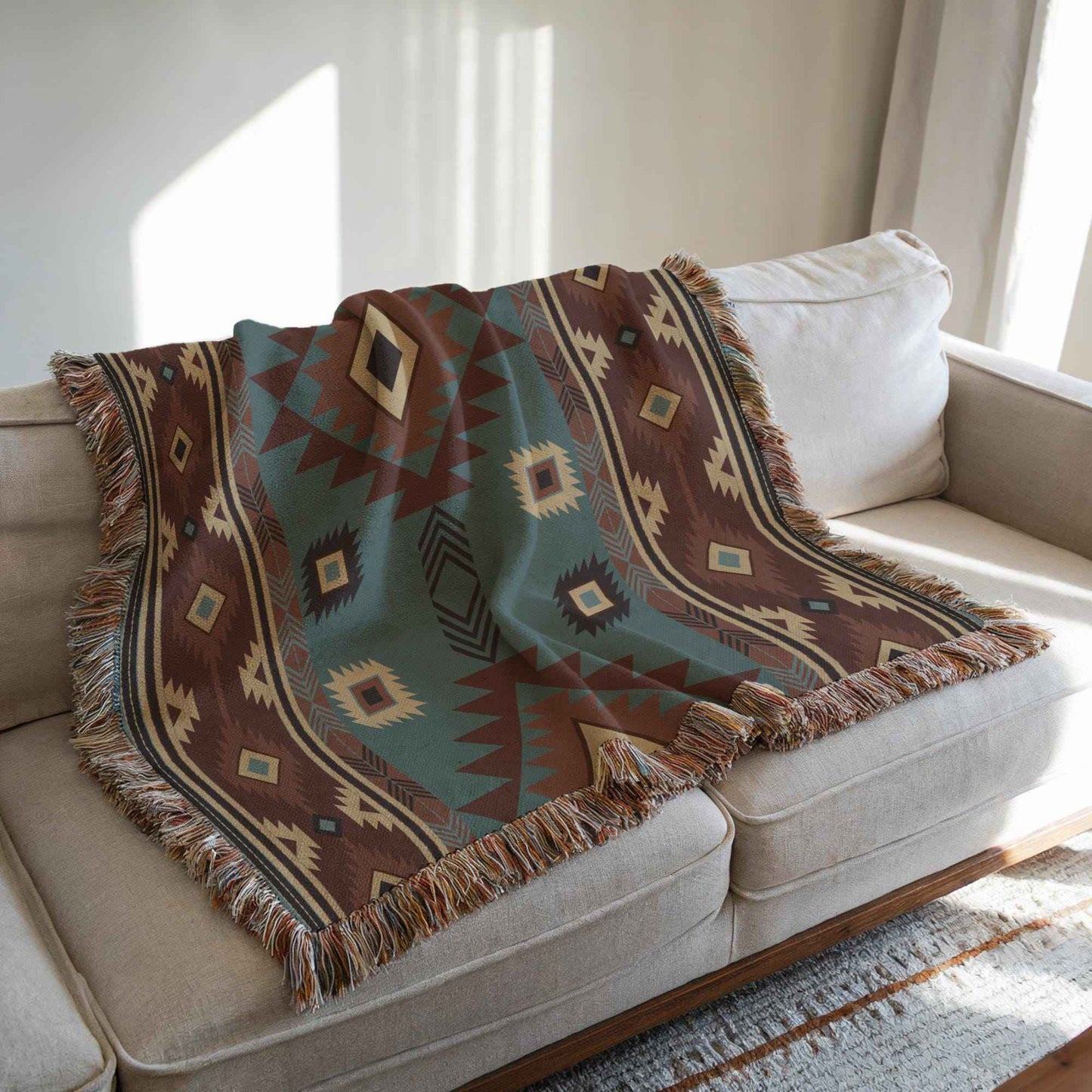 Southwestern woven blanket with geometric pattern styled for layered home decor