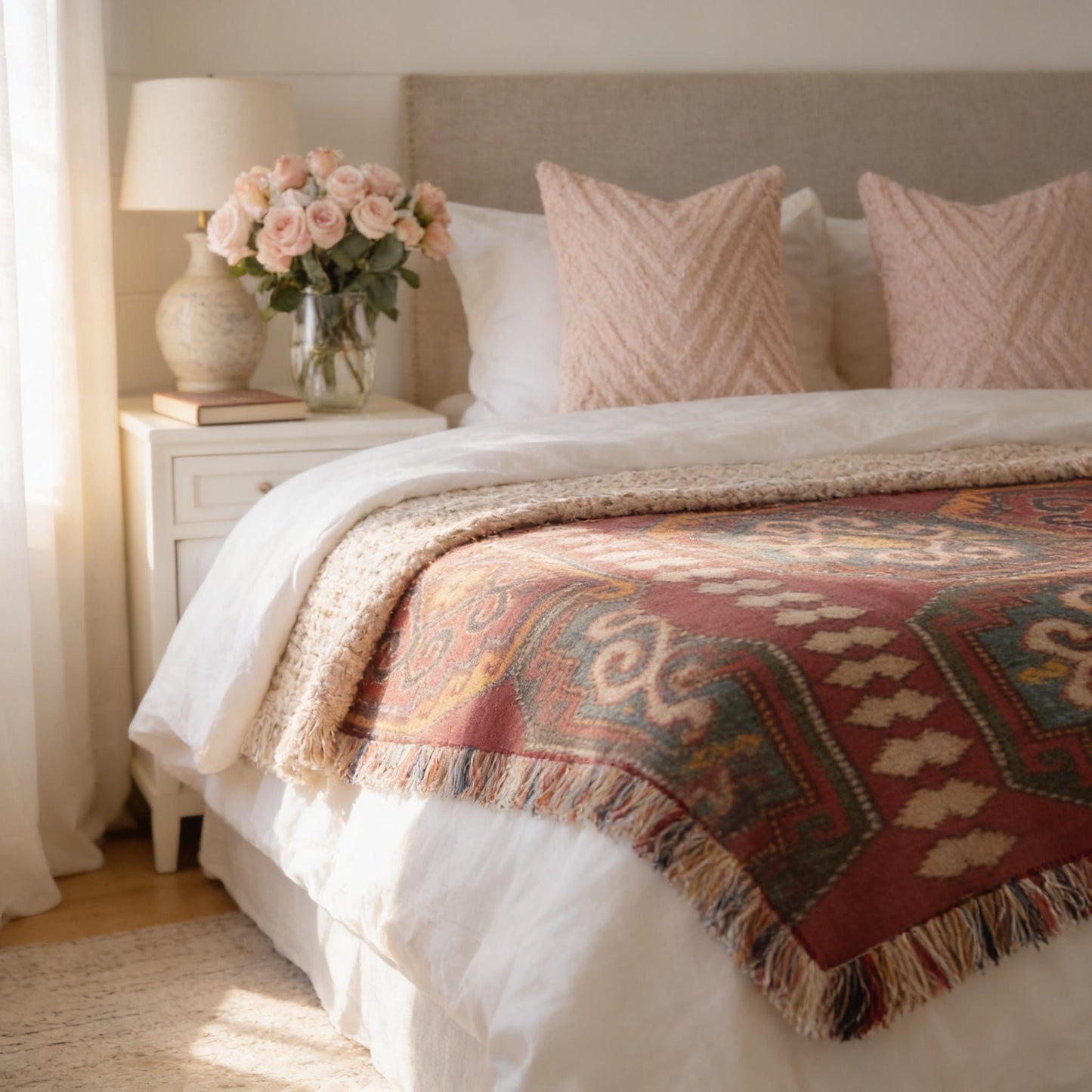 Caucasian Rug Inspired woven blanket with geometric pattern styled for layered home decor