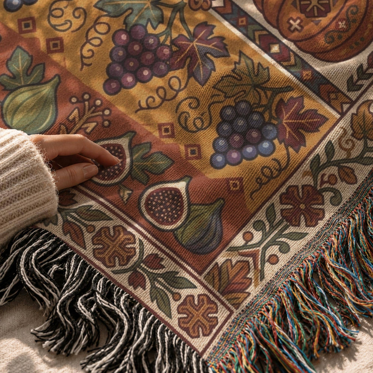 Close-up of the grape and fig Ghapama weave held in one hand, showing fruit and leaf motifs