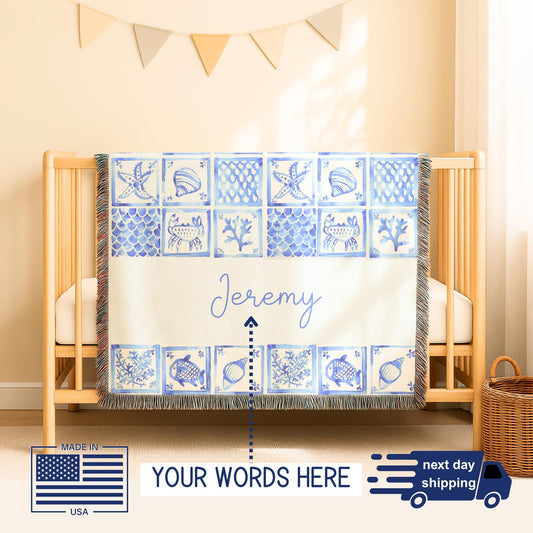 Personalized Baby Blanket - Custom Woven Ocean Nursery Decor | Sea Creatures Design, Cotton Quilt