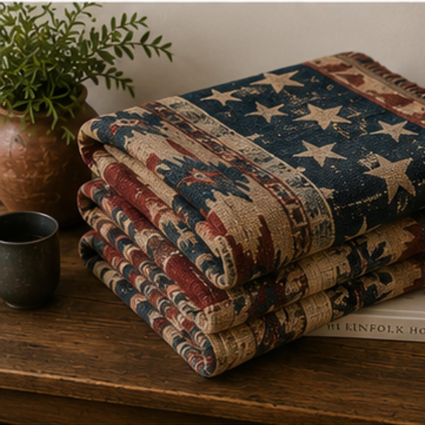 Southwestern outdoor woven throw blanket with geometric pattern for patio styling
