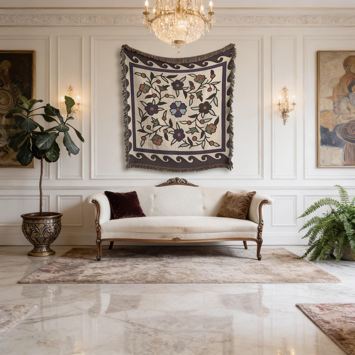 Anatolian Inspired woven wall tapestry with rug-style pattern styled as textile wall decor