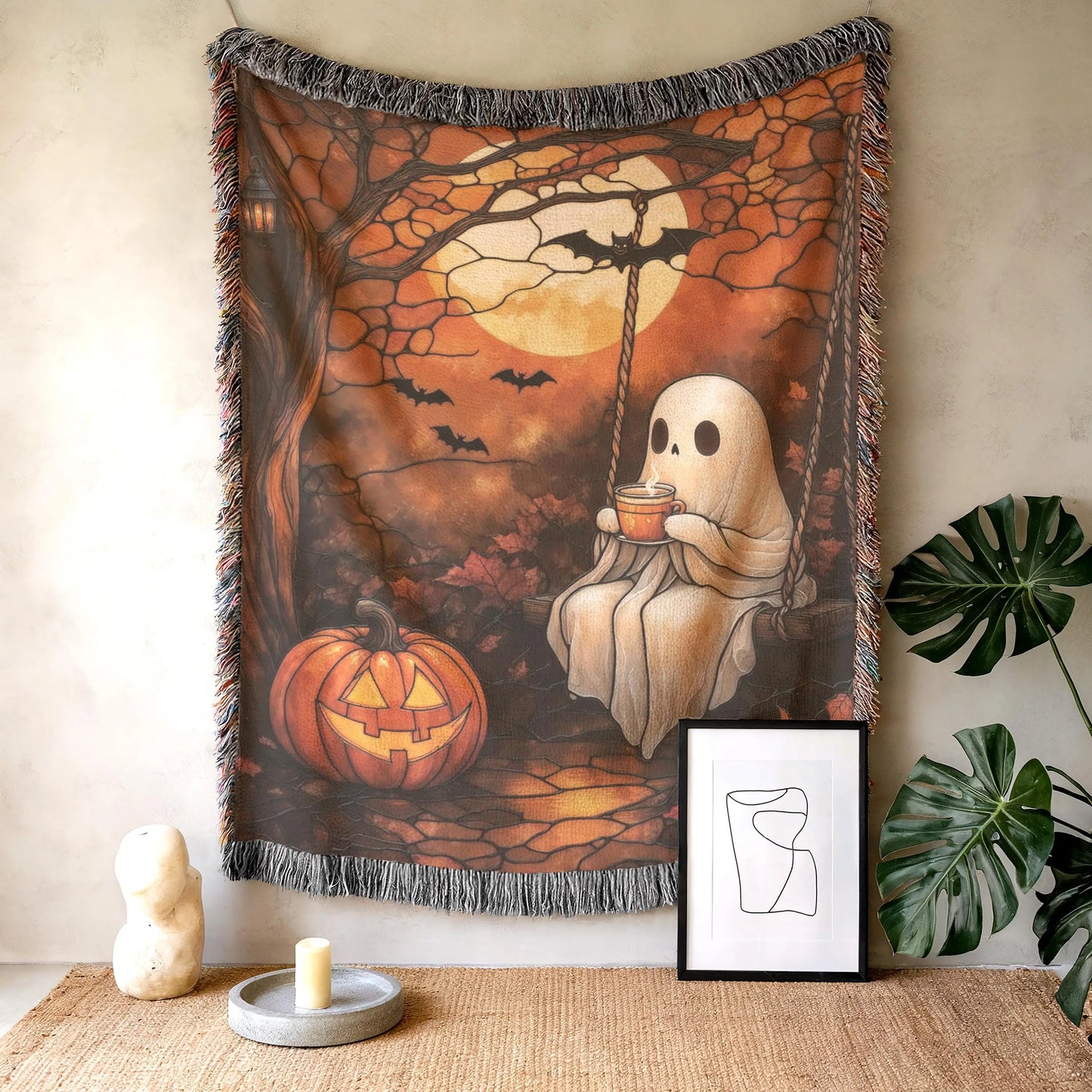 Halloween Ghost Tapestry - Woven Cotton Pumpkin Wall Hanging | Cozy Autumn Decor