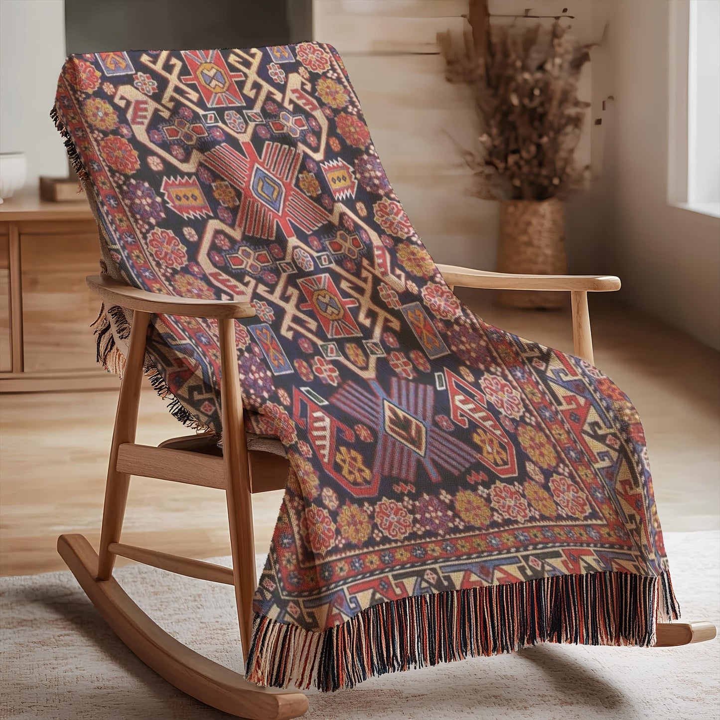 Anatolian Inspired woven wall tapestry with rug-style pattern styled as textile wall decor