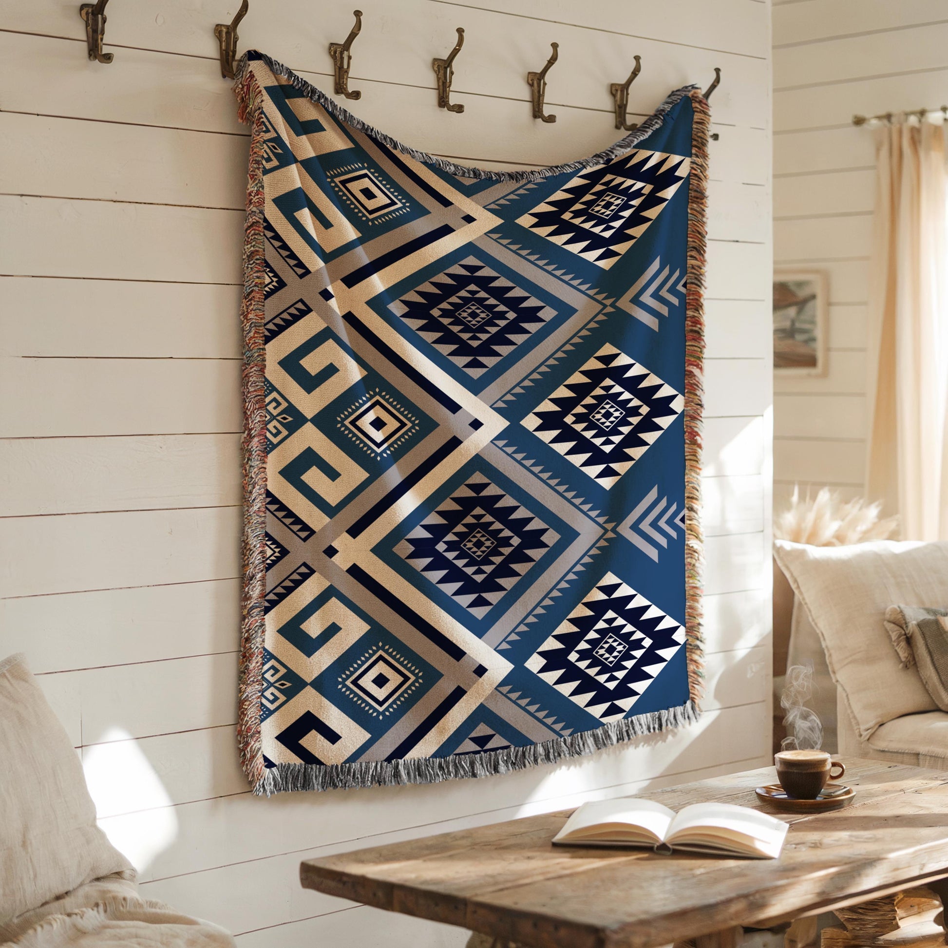Personalized Wall Hanging - Woven Tapestry With Aztec Pattern Decor & Colorful Fringe Edge