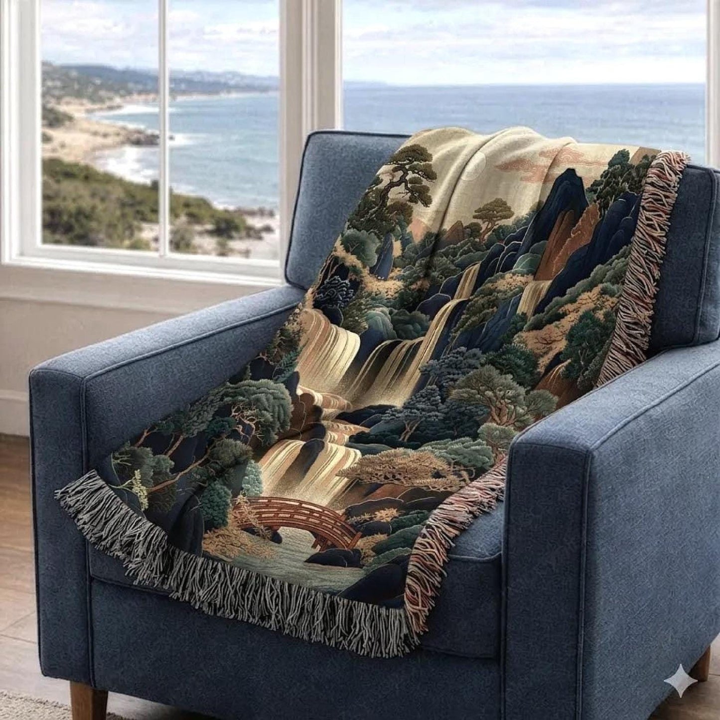 Boho woven blanket with woven pattern styled for layered home decor