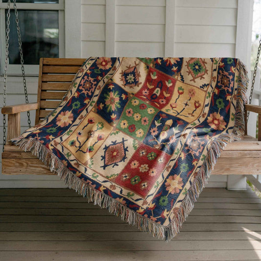 Anatolian Inspired outdoor woven throw blanket with floral pattern for patio styling