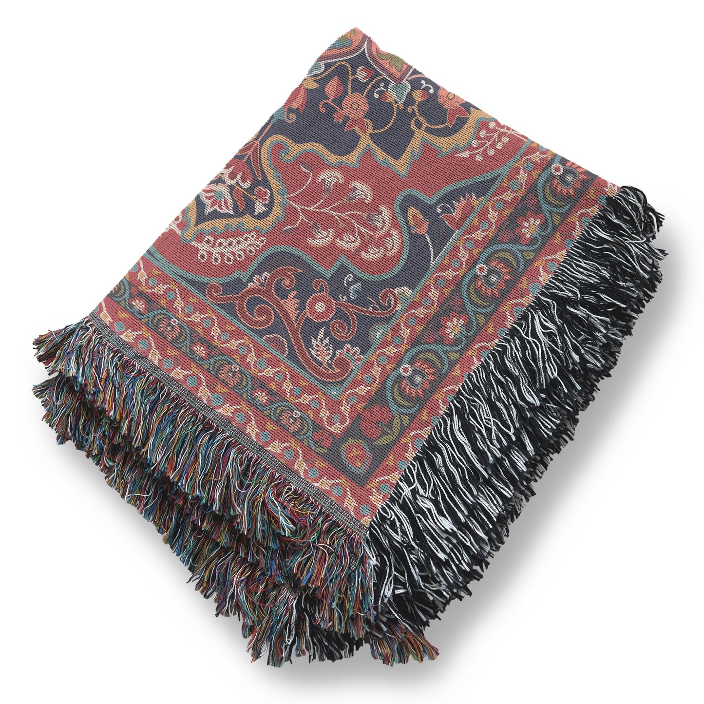 Caucasian Rug Inspired woven blanket with geometric pattern styled for layered home decor