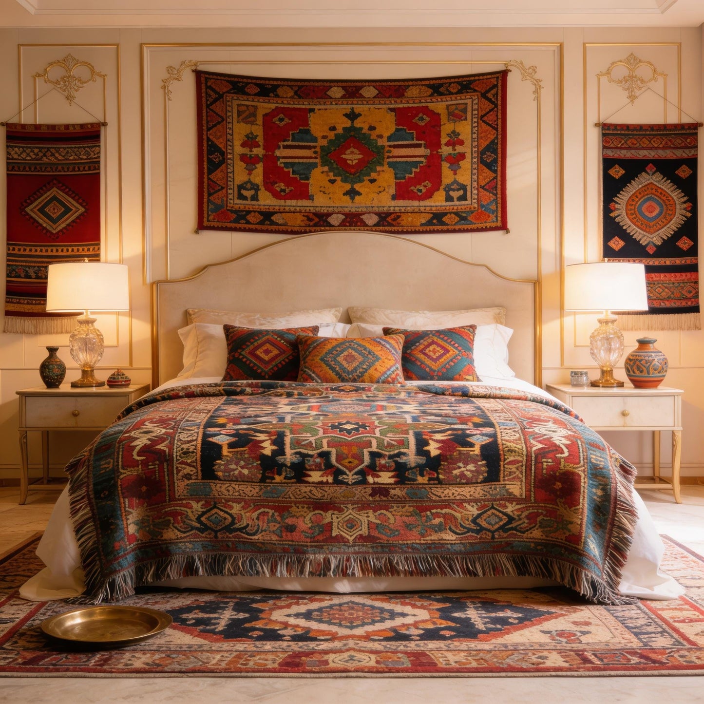 Anatolian Inspired woven blanket with rug-style pattern styled for layered home decor