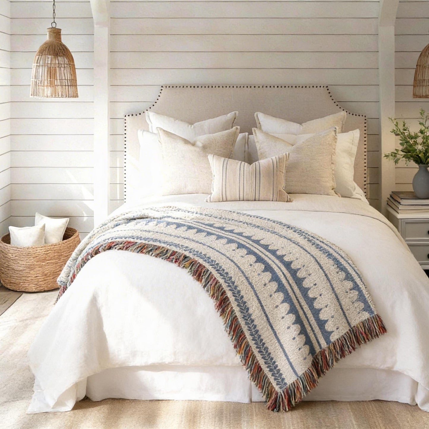 Modern Geometric woven blanket with geometric pattern styled for layered home decor