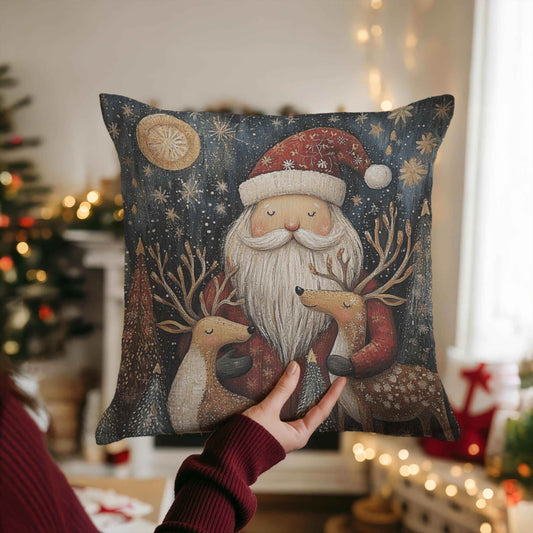 Christmas Santa Pillow - Festive Throw Pillow With Santa And Reindeer Design - timelessbohochic.com