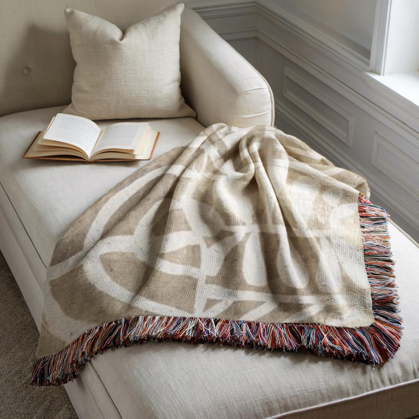 Modern Geometric woven blanket with geometric pattern styled for layered home decor