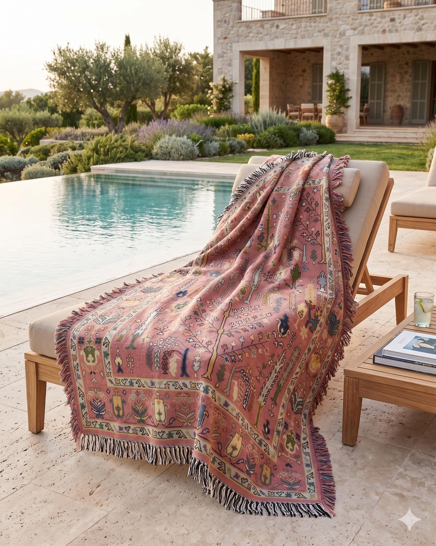 Anatolian Inspired outdoor woven throw blanket with rug-style pattern for patio styling