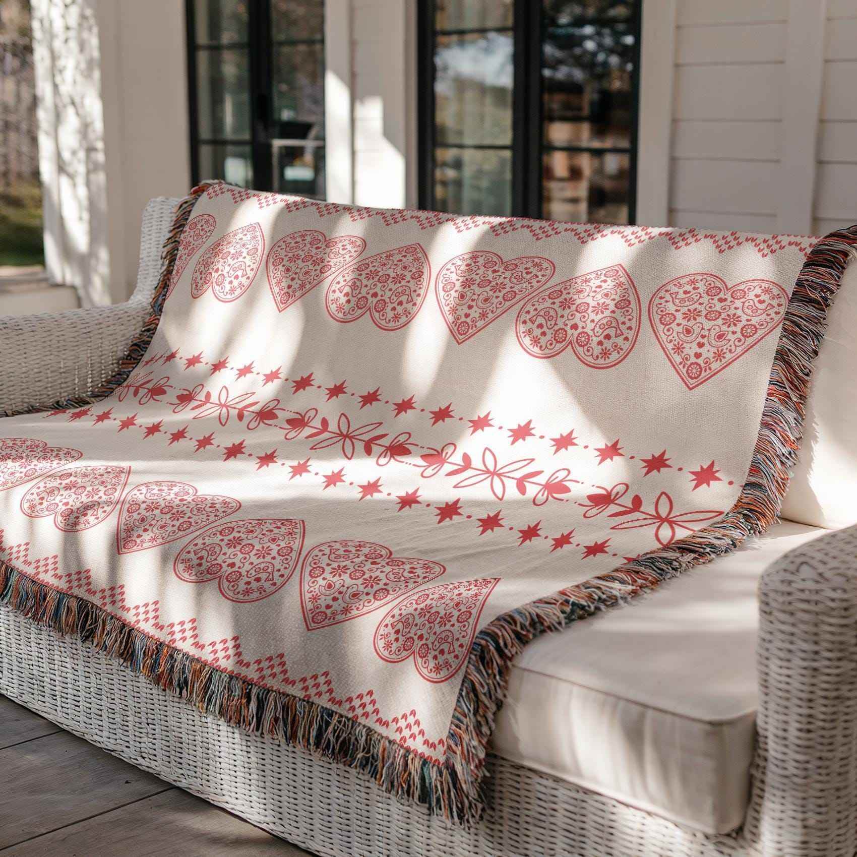 Cotton Woven Blanket – Scandinavian Throw with Red Hearts & Star Pattern Cozy Sofa Throw - timelessbohochic.com