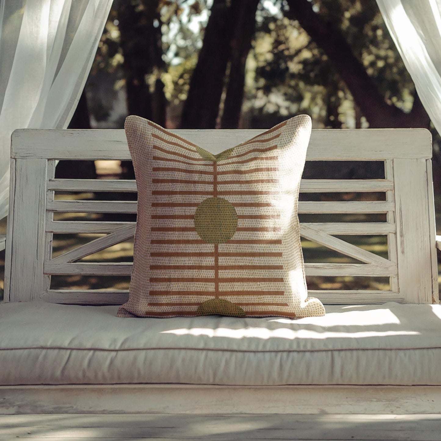 Scandinavian Inspired throw pillow with woven pattern styled on a sofa or bed