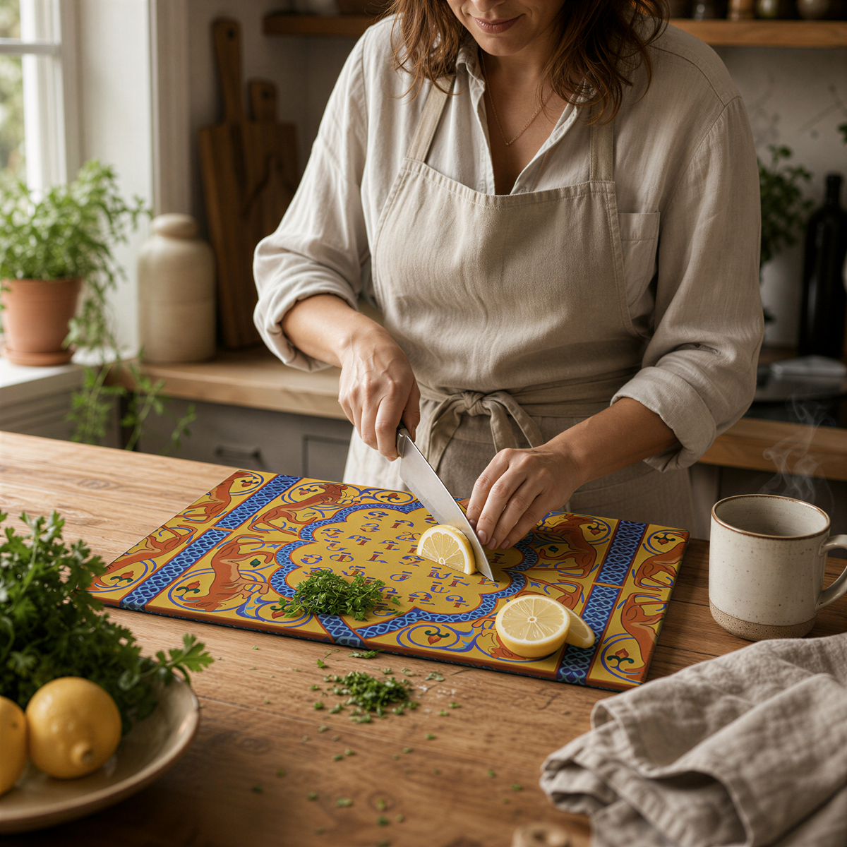 Yellow alphabet cutting board in use, a cook chopping herbs at a wood counter
