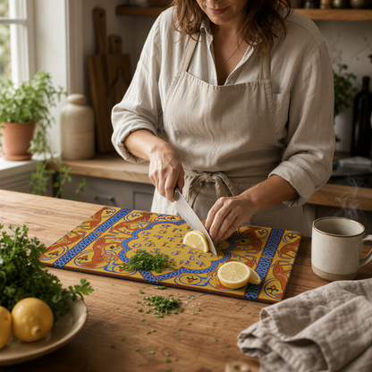 Yellow alphabet cutting board in use, a cook chopping herbs at a wood counter