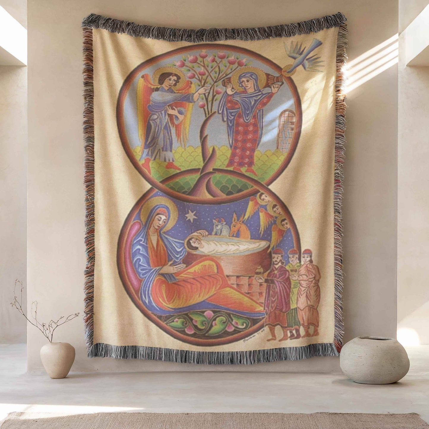 Armenian Nativity Throw Blanket – Large Cotton Cozy Holiday Throw with Colorful Tapestry - timelessbohochic.com