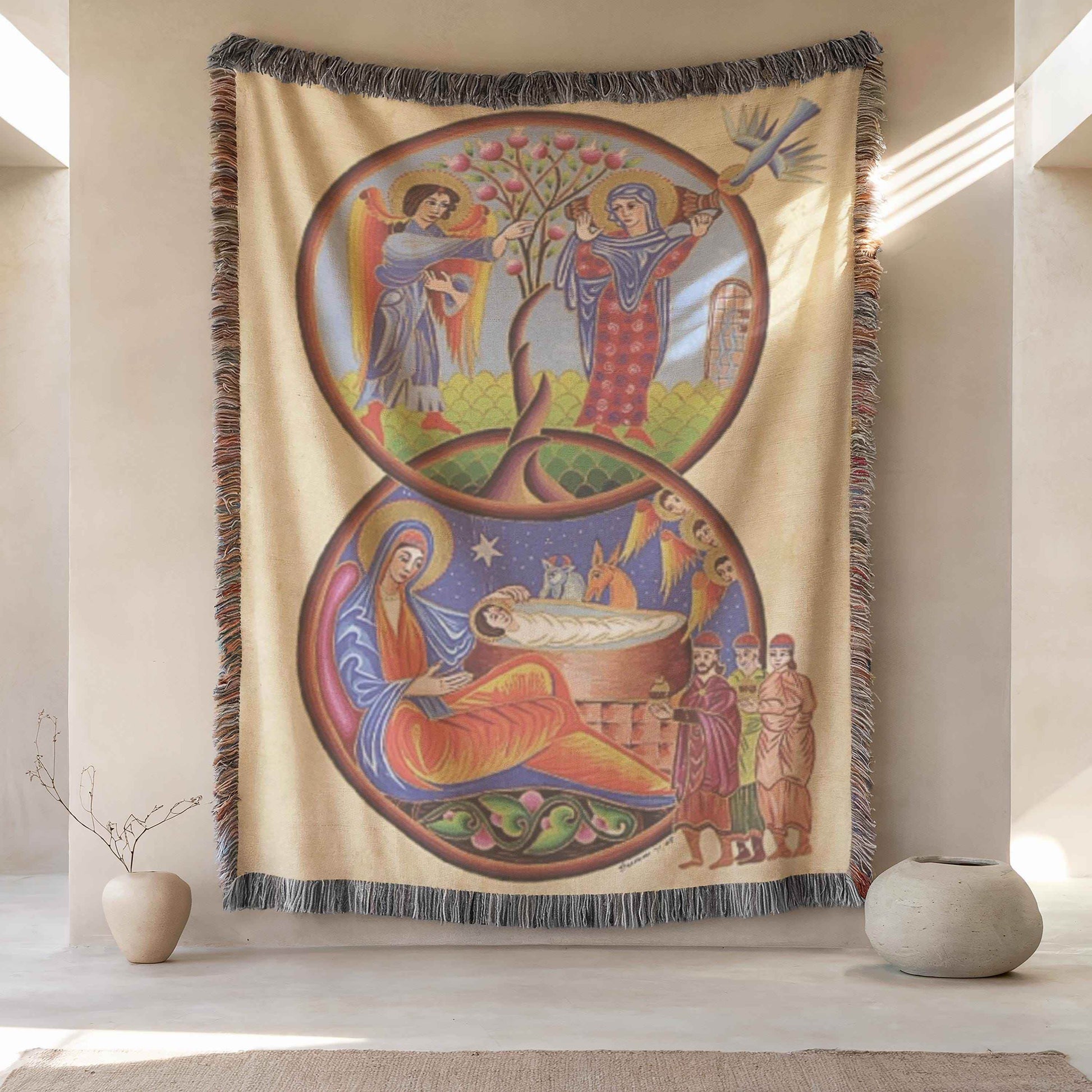 Armenian Nativity Throw Blanket – Large Cotton Cozy Holiday Throw with Colorful Tapestry - timelessbohochic.com