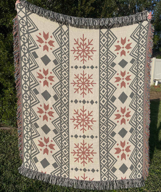 Cotton Throw Blanket – Nordic Winter Decor with Snowflake Pattern & Fringed Edges - timelessbohochic.com