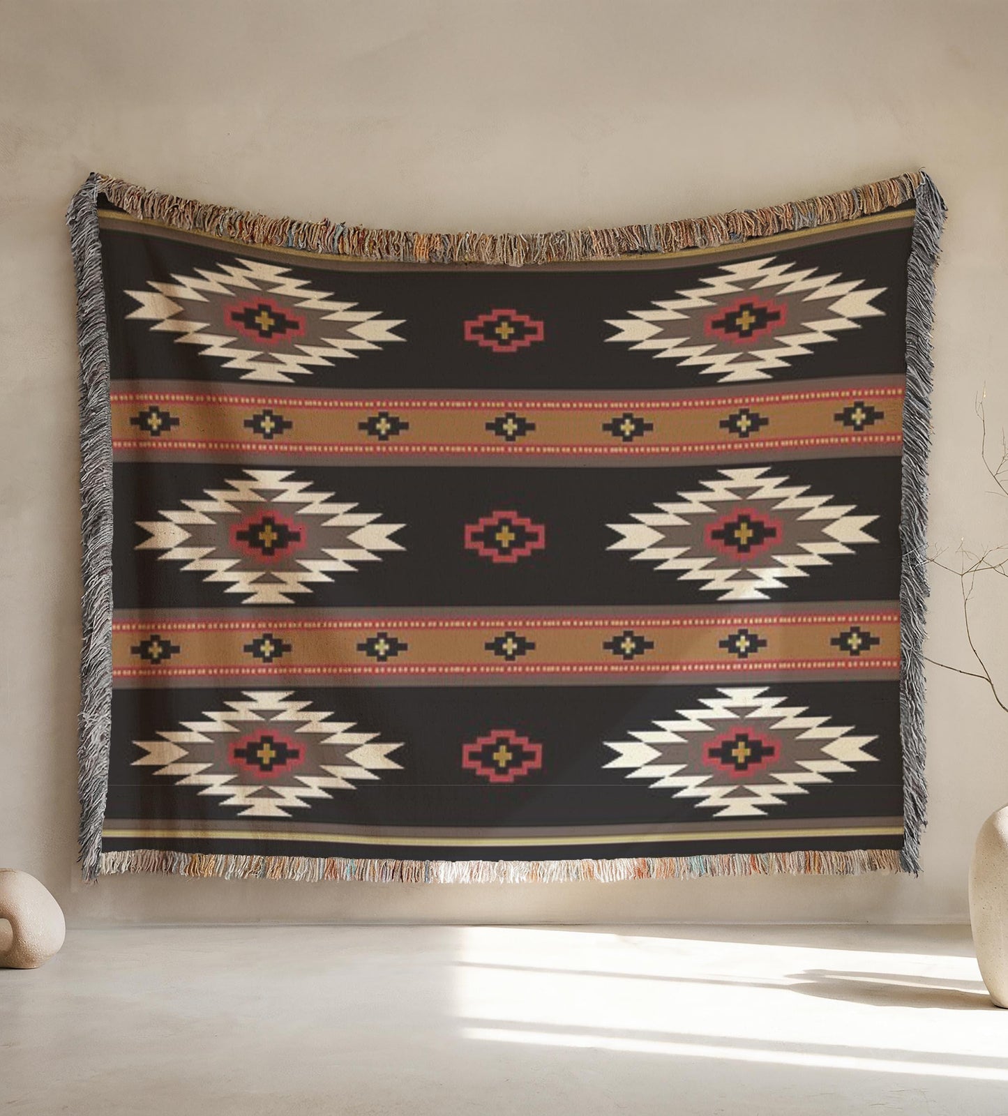 Southwestern woven wall tapestry with geometric pattern styled as textile wall decor