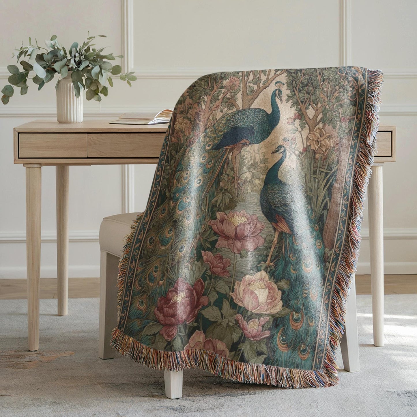 Modern Geometric woven blanket with geometric pattern styled for layered home decor