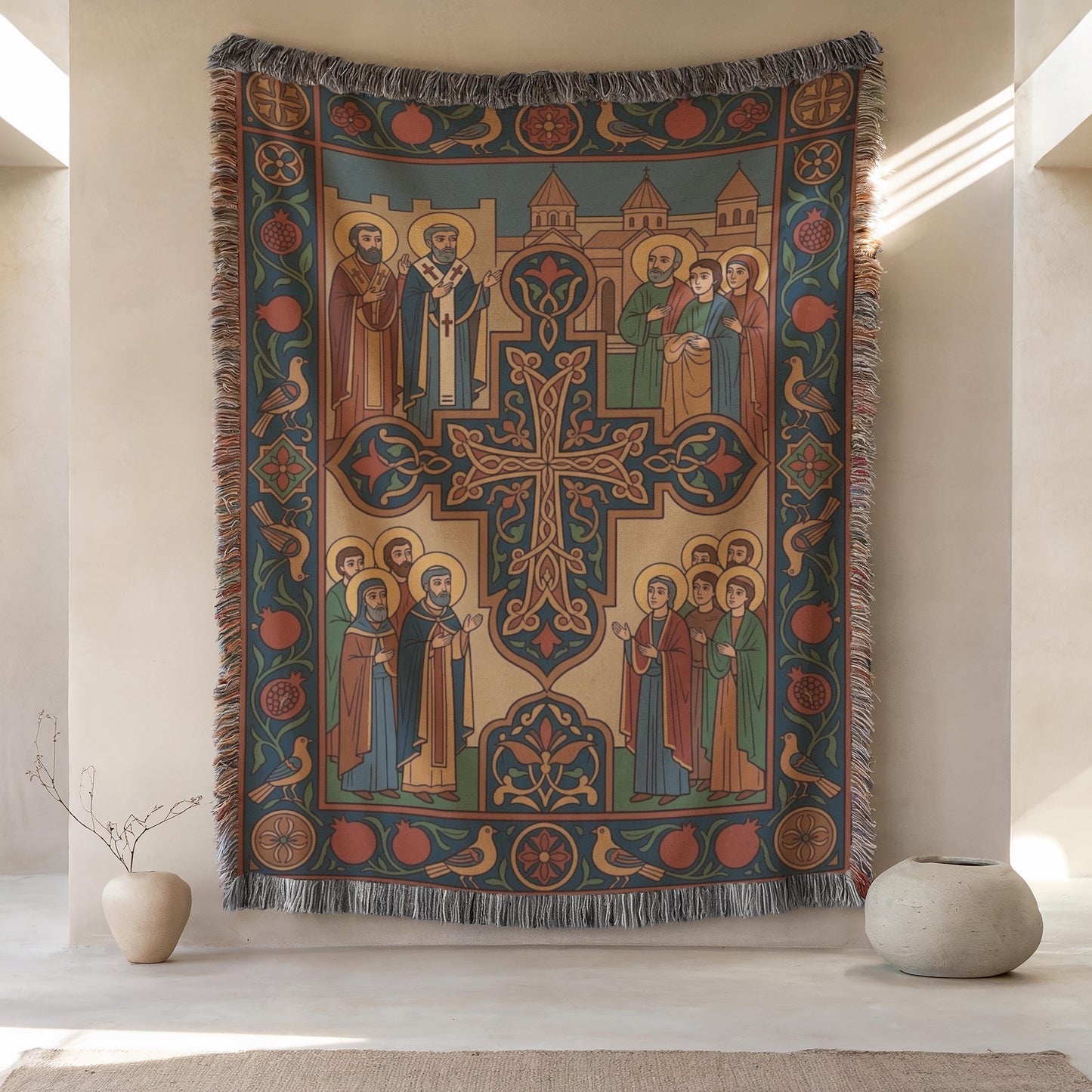 Armenian Christian wall tapestry close view, ornate cross with surrounding saints, cream, rust and teal details, floor vases