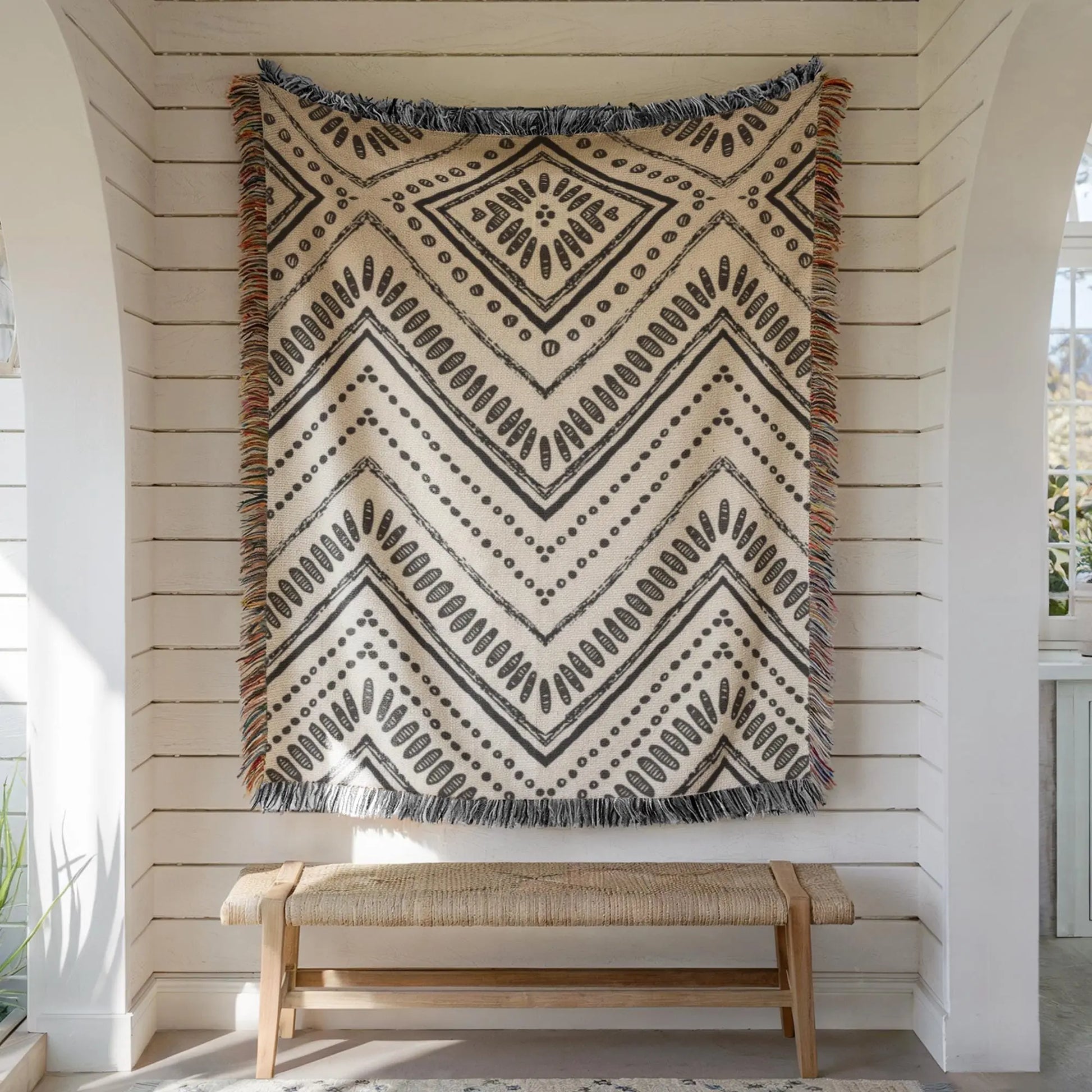 Woven Cotton Throw - Black White Tribal Ikat Blanket | Minimalist Geometric Decor