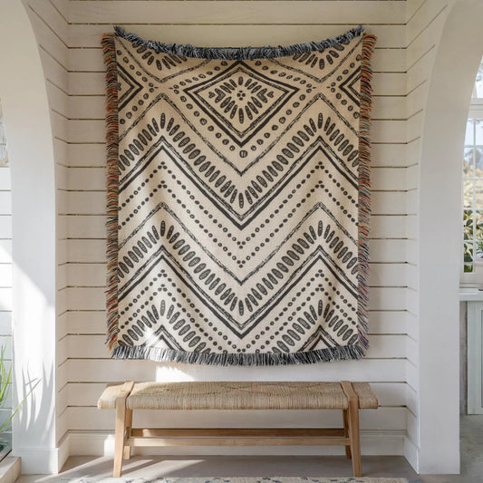 Woven Cotton Throw - Black White Tribal Ikat Blanket | Minimalist Geometric Decor