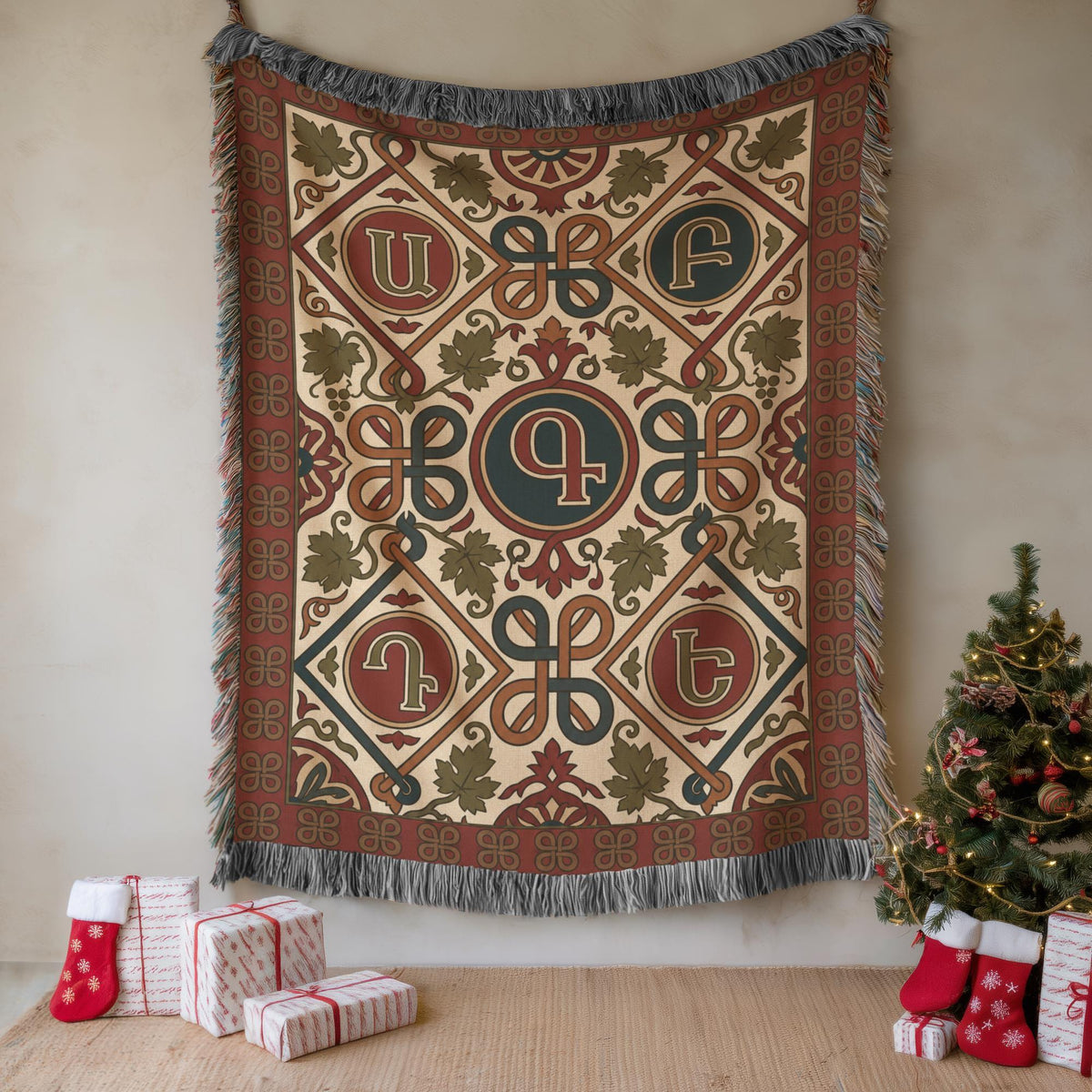 Armenian letter wall tapestry in rust and teal shown as woven cotton wall decor