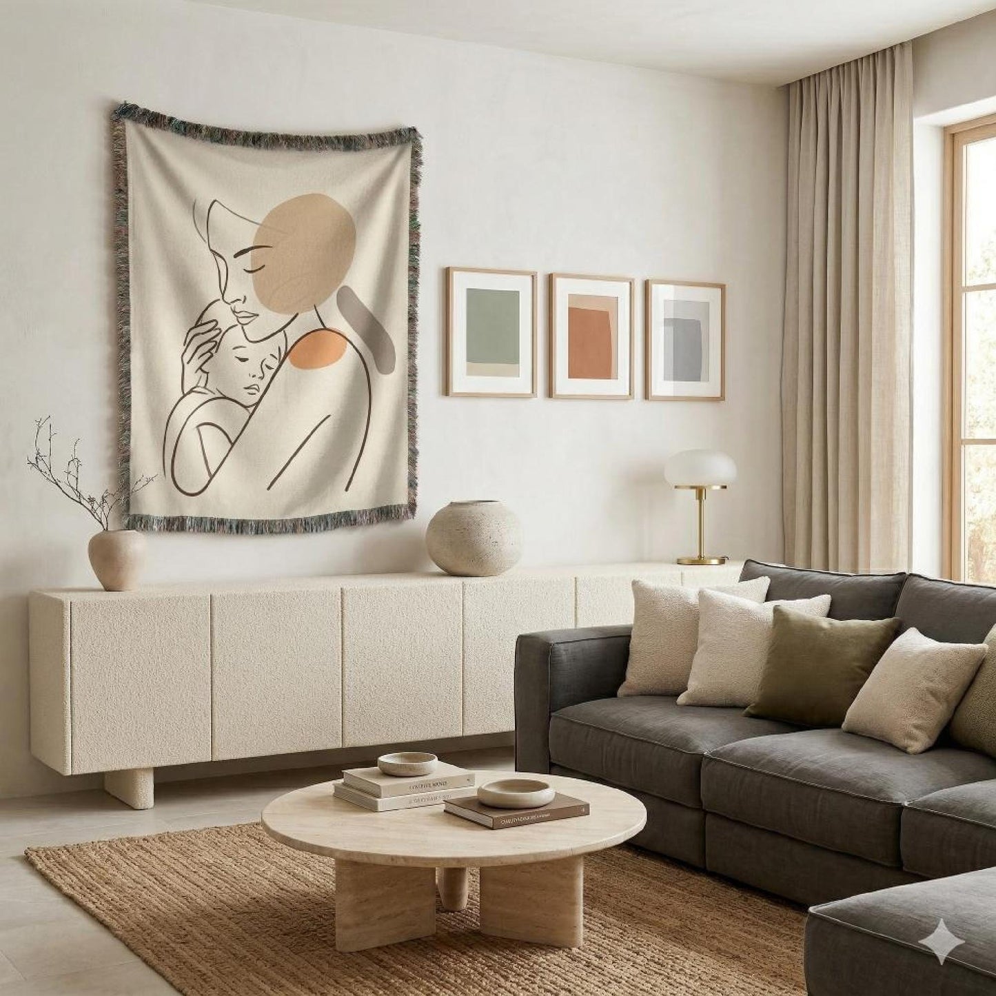 Modern Geometric woven wall tapestry with geometric pattern styled as textile wall decor