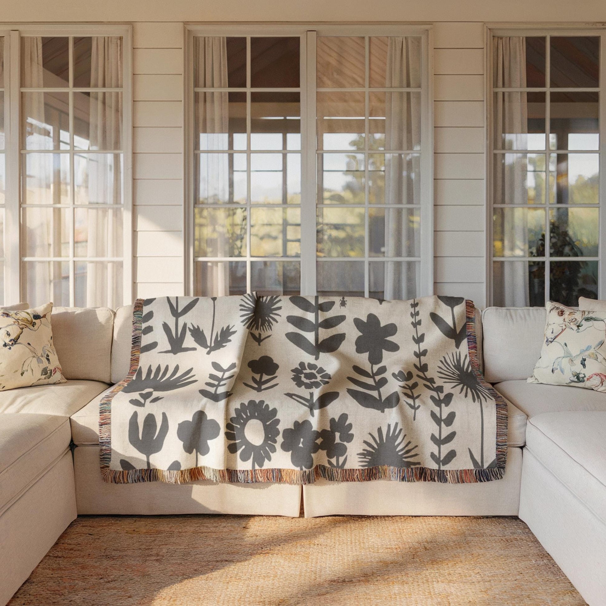 Wildflowers Meadow Throw - Cozy Cotton Blanket With Botanical Print & Colorful Fringed Edges