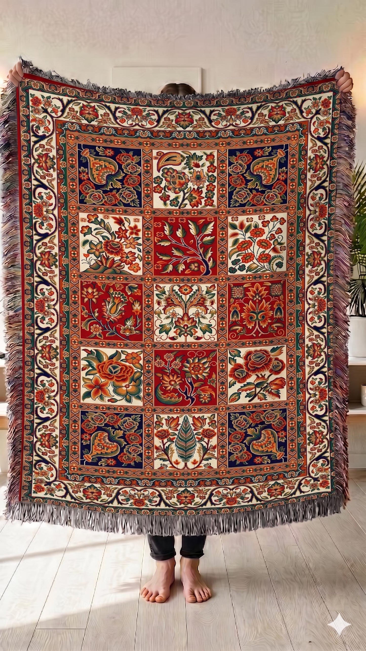 Caucasian Rug Inspired woven blanket with geometric pattern styled for layered home decor